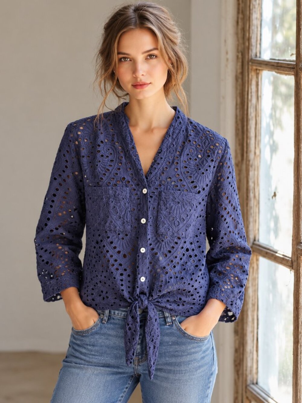 Pure cotton Charlie B. eyelet blouse w. embroidery